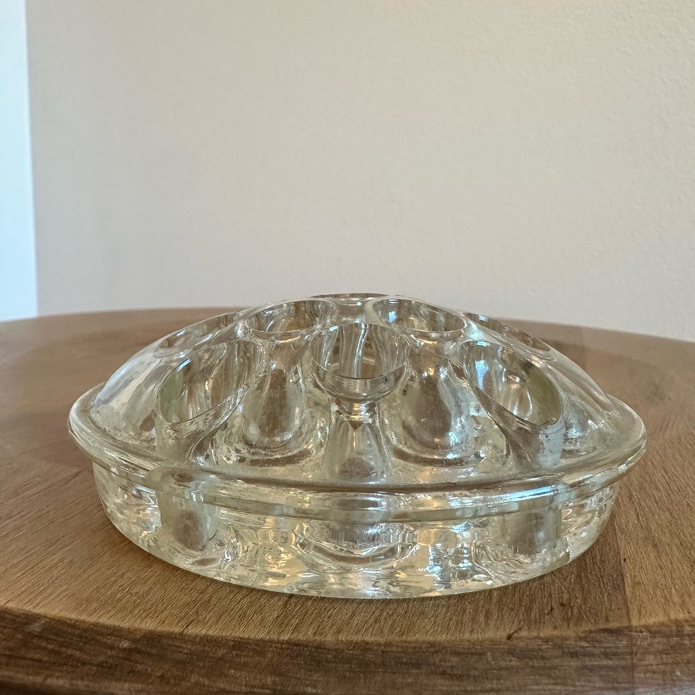 Vintage Floral Frog 4 Inch Wide 16 Holes Clear Glass Floral Domed Round Flower